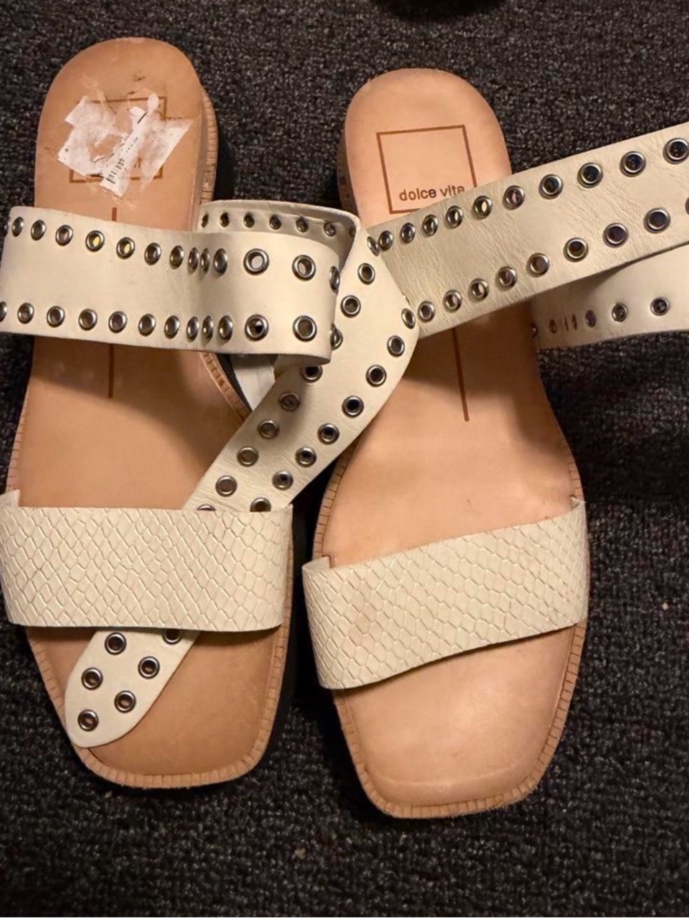 Dolce Vita Cream Leather Studded Crisscross Slide Sandals